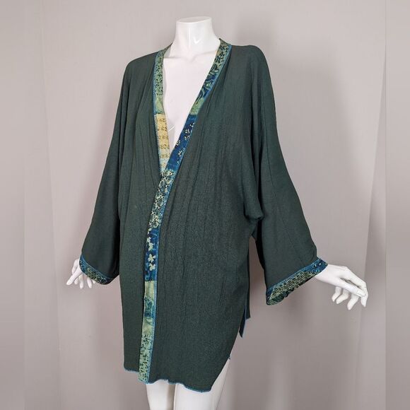 Boho Artisan Kimono Jacket – Forest Green with Patchwork Art & Embroidery – One - Picture 1 of 8